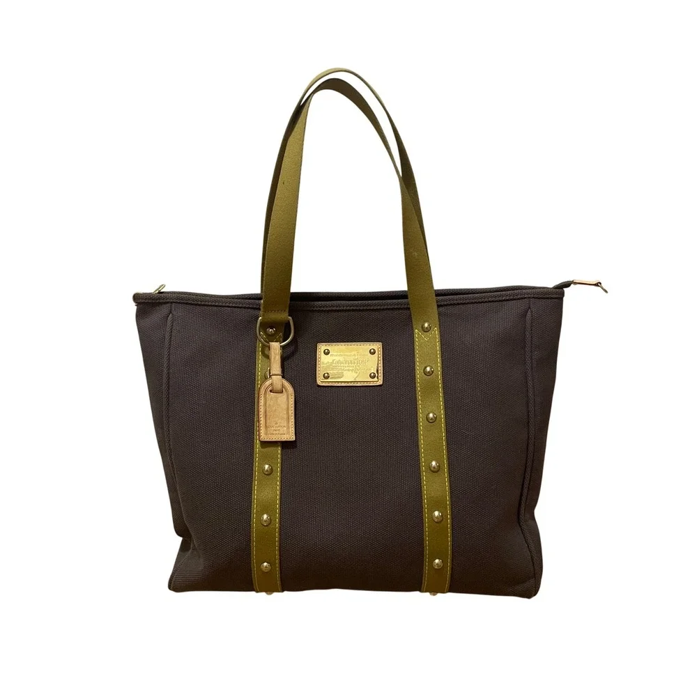 Louis Vuitton Antigua Cabas MM Tote Bag Brown Canvas Olive Green Studded SP0026